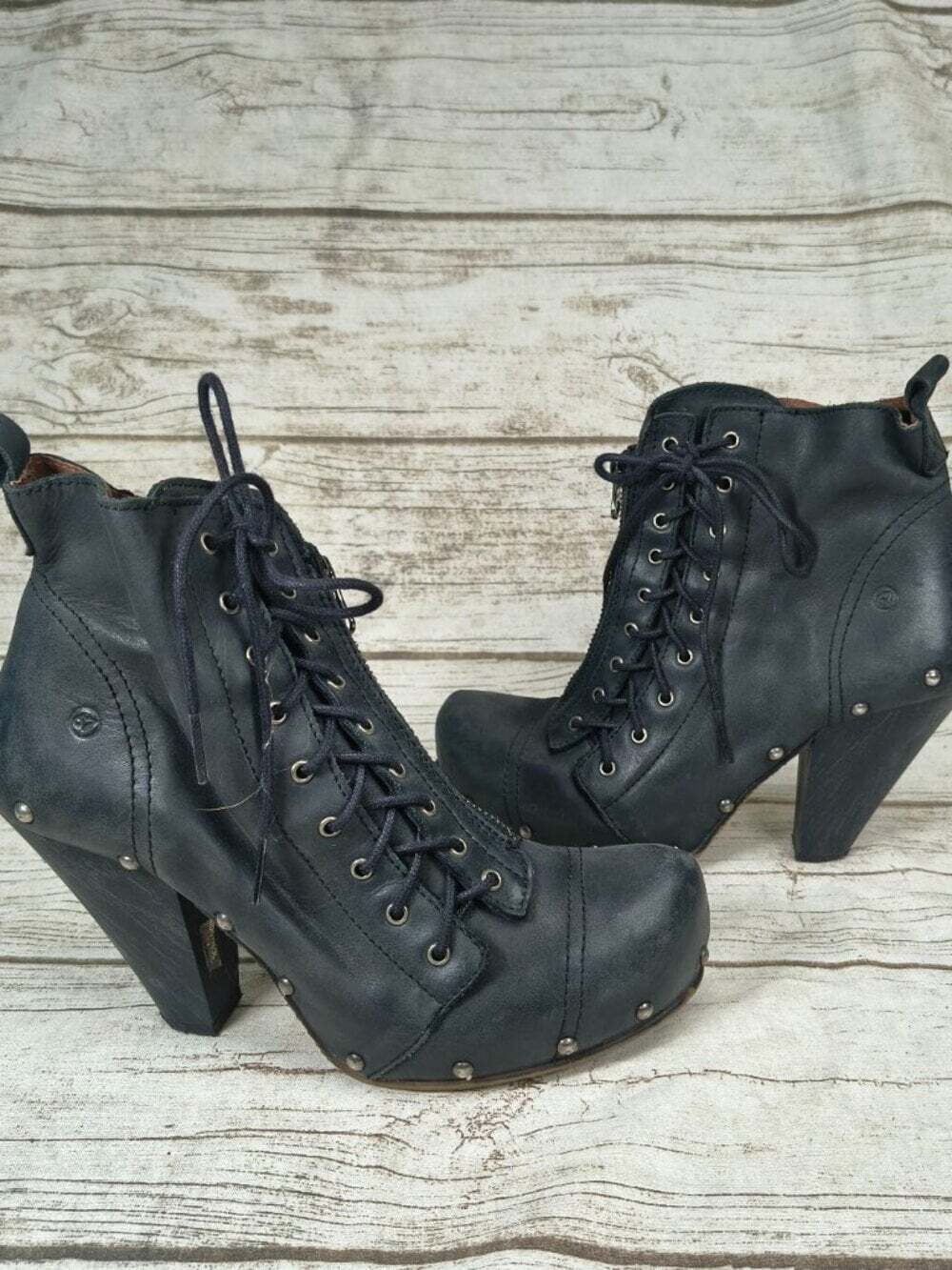 Sixtyseven 67 Black Leather Studded Lace Up Ankle Boots Heel Clog Size EU 39 US
